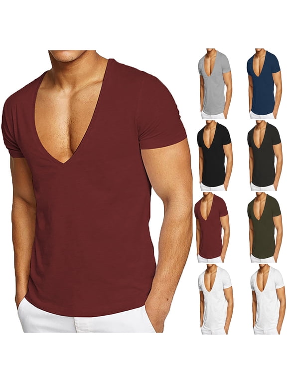 Mens T-Shirts Deep V Neck Short Sleeve Workout Tees Slim Fitted Low Cut Gym Athletic Undershirts