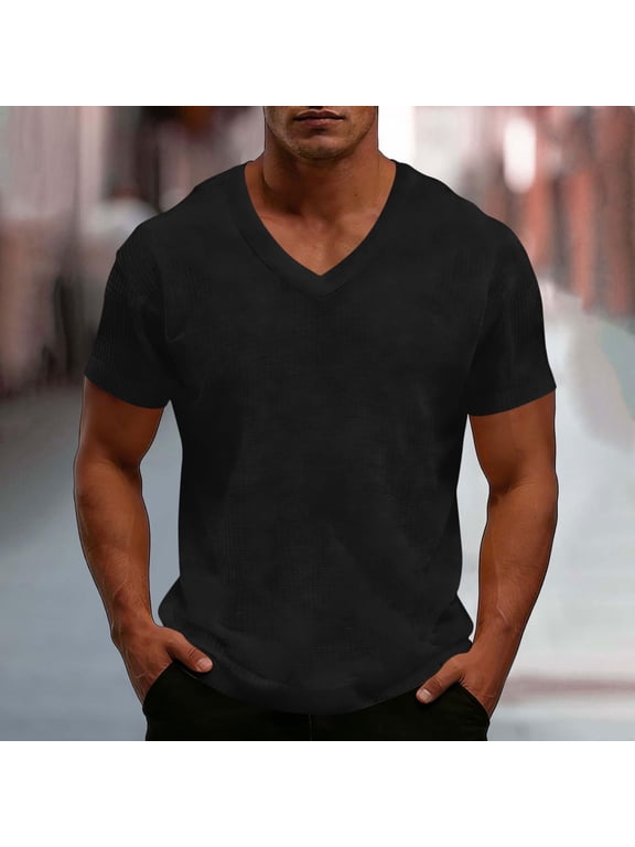 Mens T-Shirts Short Sleeve Casual V-Neck Business Casual Wear Tops Soft Textured Knit Summer Basic Tee Shirt