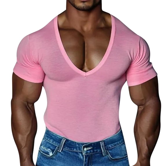 Wlynlyn Muscle Tops for Men Deep V Neck Fashion Slim Fitted Short Sleeve Athletic T-Shirts Summer Low Cut Workout Tees Top