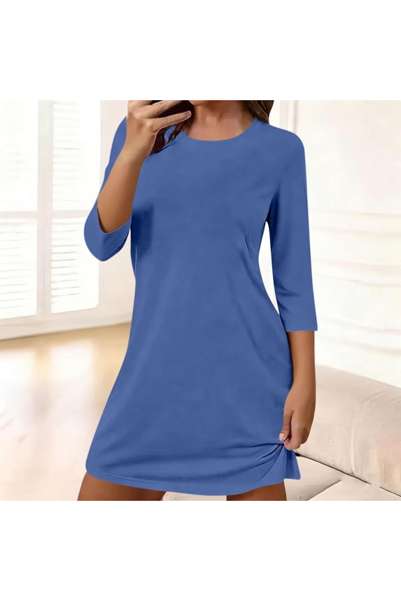 Nightgown for Women Round Neck Loose Fitted Soft Sleep Pajama Dress Summer Casual Solid Color Nightshirts Comfy Loungewear
