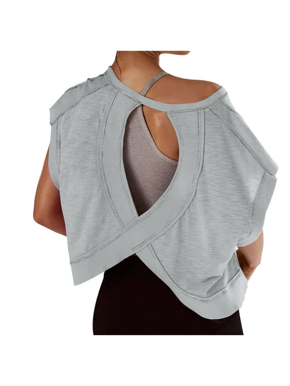 Open Back Tops for Women Crew Neck Short Sleeve Yoga Shirts Fashion Cut out Backless Athletic Tees(Gray,X-Large)
