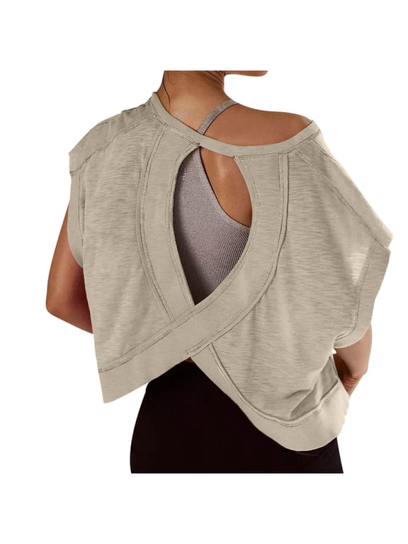 Open Back Tops for Women Crew Neck Short Sleeve Yoga Shirts Fashion Cut out Backless Athletic Tees(Khaki,Large)