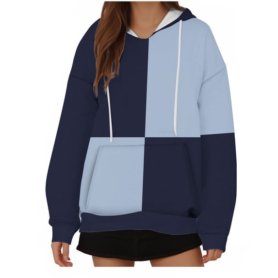 Wlynlyn Oversized Hoodies for Women Plus Size Long Sleeve Shirts Color Block Hoodie Drawstring Fall Pullover with Pocket(X-Large,Navy)
