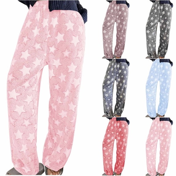 Wlynlyn Pajama Pants for Women Fleece Fuzzy Lounge Fall Winter Warm Pjs Bottoms Star Graphic Flannel Sleepwear Trousers