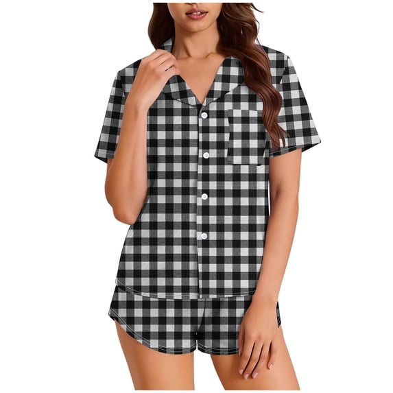 Wlynlyn Pajama Set for Women 2 Piece Short Sleeve Button down Tops and Elastic Waist Shorts Soft Loungewear Set(Black,Small)