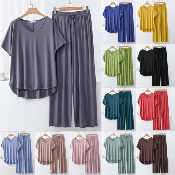 Wlynlyn Pajama Sets for Women Casual Crewneck Long Sleeve T-Shirts Drawstring Baggy Lounge Pants 2 Piece Outfits