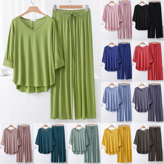 Wlynlyn Pajama Sets for Women Short Sleeve V Neck Summer Tops Elastic Waist Wide Leg Pants Casual Homewear Sets