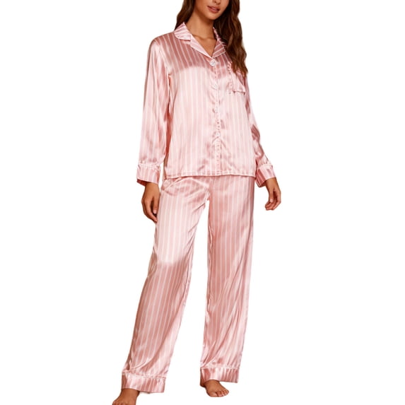 Wlynlyn Pajamas for Women Striped Satin 2 Piece Pjs Set Button down Long Sleeve Shirts Pants Loungewear(Pink,X-Large)