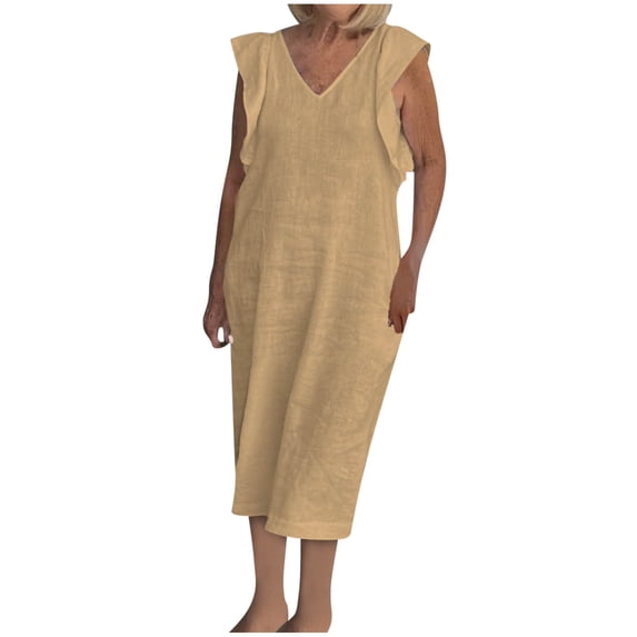 Wlynlyn Plus Size Cotton Linen Dress for Women Ruffle Cap Sleeve Midi Dress Casual V Neck Loose Fitted Sundress(Yellow,XL)
