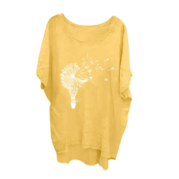 Wlynlyn Plus Size Cotton Linen Tops for Women Crewneck Short Sleeve Shirts Graphic Print Blouses Loose Fitted Tunic