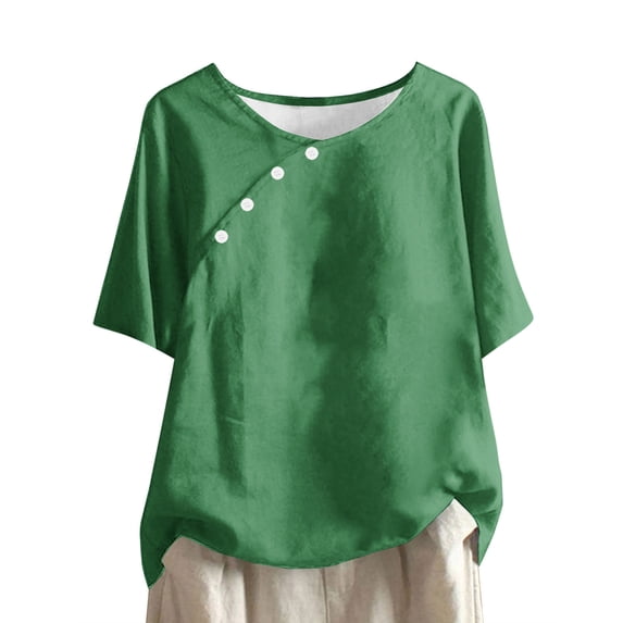 Wlynlyn Plus Size Cotton Linen Tops for Womens Casual Short Sleeve Shirts Summer Crew Neck Blouses Loose Comfy Tunic
