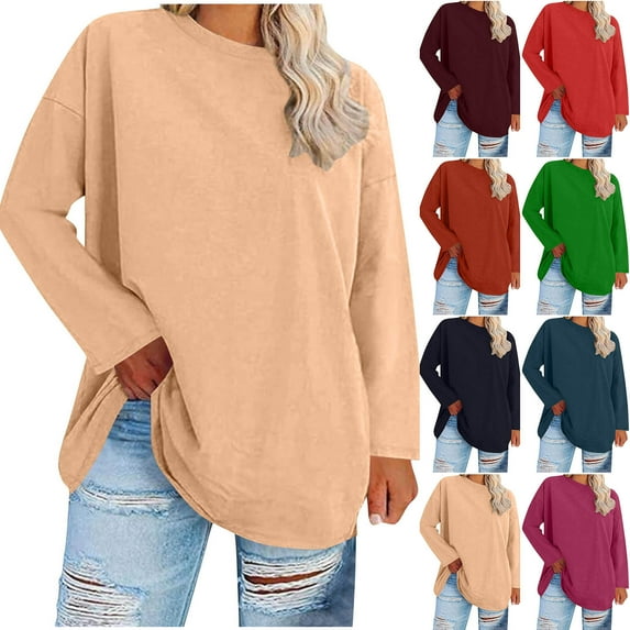 Wlynlyn Plus Size Long Sleeve Tops for Women Crewneck Oversized Thin Sweatshirts Casual Comfy Plain Tee Shirts