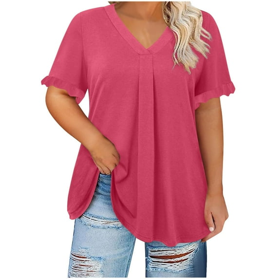 Wlynlyn Plus Size Tops for Women Dressy Casual Blouses Ruffle Short Sleeve V Neck Tunic Tops(XX-Large)