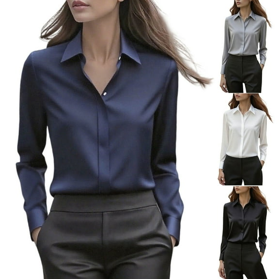 Wlynlyn Satin Blouses for Women Button down Long Sleeve Shirts Solid Color Business Casual Work Tops