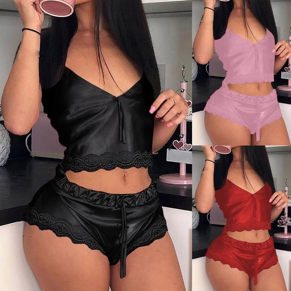 Wlynlyn Satin Pajamas Set for Women Summer 2 Piece Outfits Sleeveless V Neck Crop Tank Tops Mini Shorts