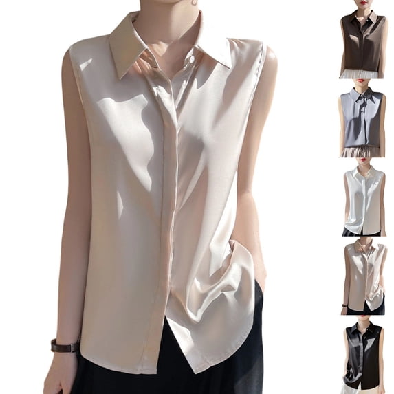 Wlynlyn Satin Tank Tops for Women Button down Sleeveless Blouses Lapel Collared Solid Color Dressy Casual Camis Shirts
