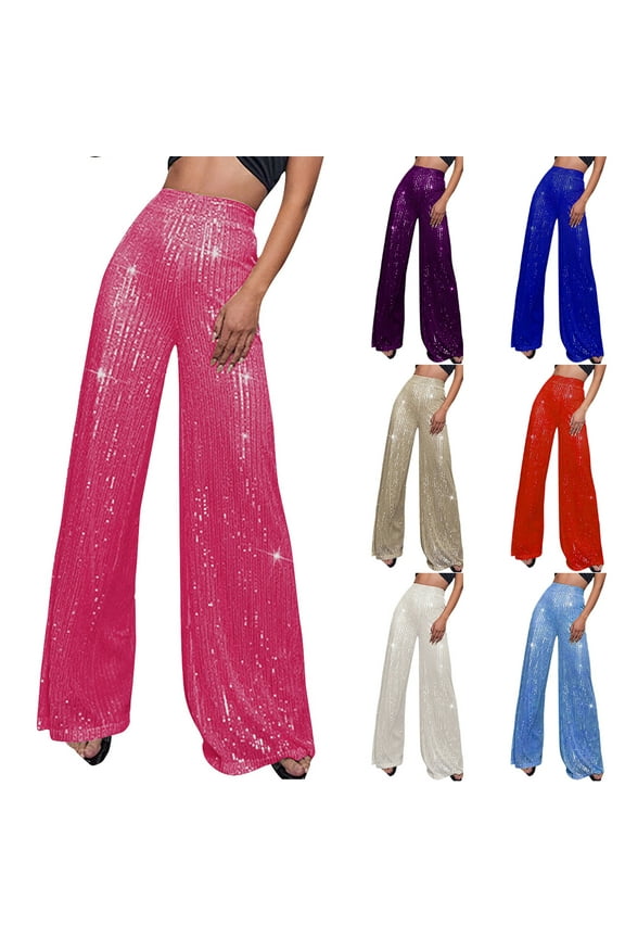 Sequin Pants for Women Wide Leg Fashion High Waist Sparkly Loose Party Nightout Shiny Trousers