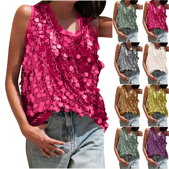Wlynlyn Sequin Tank Tops for Women Sleeveless Round Neck Sparkly Dressy Casual Party Shiny Club Night Tank Tops