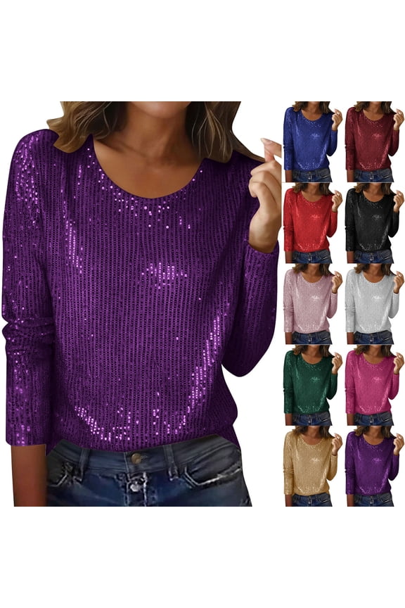 Sequin Tops for Women Crew Neck Long Sleeve Party Nightwer Loose Fitted Trendy Glitter Sparkly Dressy Shirts