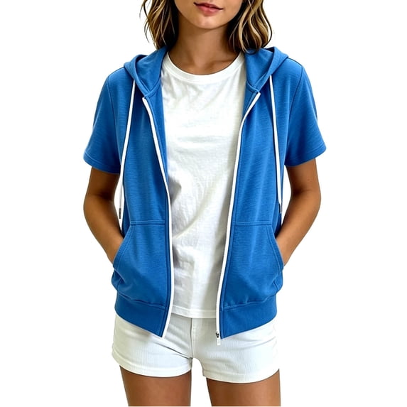 Wlynlyn Short Sleeve Hoodies for Girls Fleece Zip-Up Sweatshirts Kids Casual Comfy Athletic Lightweight Fashion Outwear Jackets(Blue,15-16 Years)