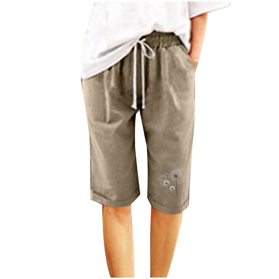 Wlynlyn Shorts for Women Cotton Linen Knee Length Casual Shorts Drawstring High Waisted Athletic Shorts with Pockets