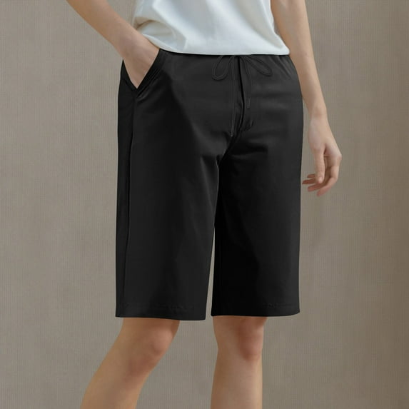Wlynlyn Shorts for Women High Waist Drawstring Plus Size Bermuda Shorts Summer Casual Knee Length Shorts Hiking Running