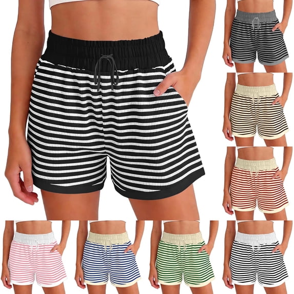 Wlynlyn Shorts for Women Striped Drawstring High Waisted Ribbed Knit Baggy Comfy Summer Beach Shorts