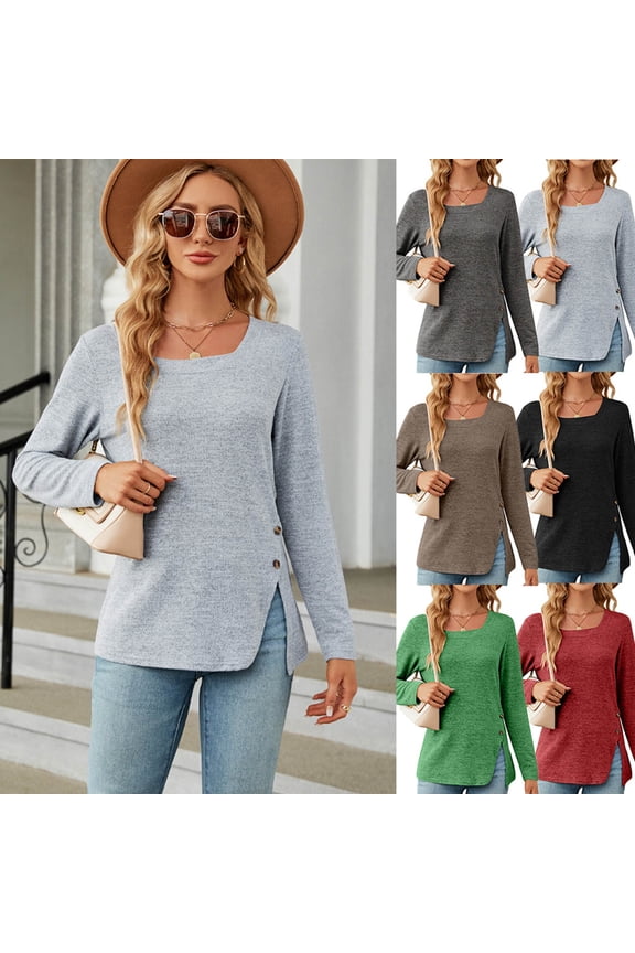 Square Neck Tops for Women Long Sleeve Shirts Side Split Hem Daily Daily Tunic Tops Blouses