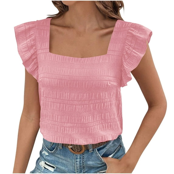 Wlynlyn Square Neck Tops for Women Ruffle Short Sleeve Shirts Dressy Casual Blouses Loose Fitted Summer Top