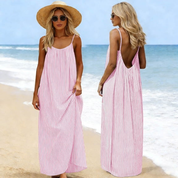 Wlynlyn Summer Dress for Women Striped Cotton Linen Casual Sleeveless Backless Beach Sundress Loose Spaghetti Strap Vacation Cami Dresses