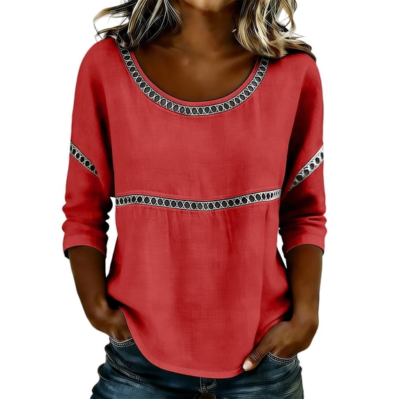 Wlynlyn Summer Tops for Women 3/4 Sleeve Length Crewneck Lace Patch Casual Dressy Blouses Vintage Loose Fitted Tunic Trendy Shirts