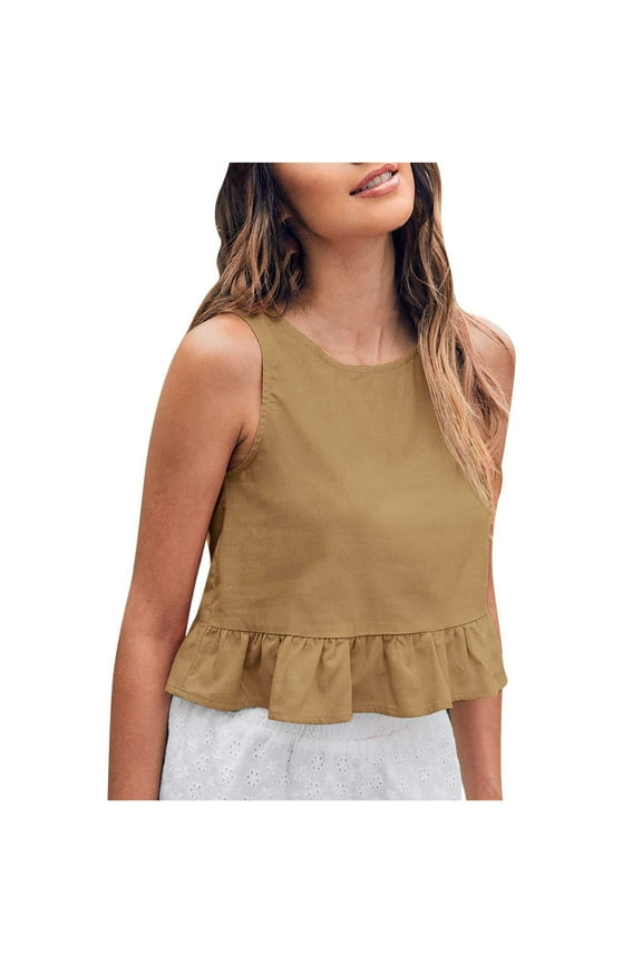Summer Tops for Women Crewneck Tank Tops Sleeveless Shirts Ruffle Hem Loose Fitted Crop Top L