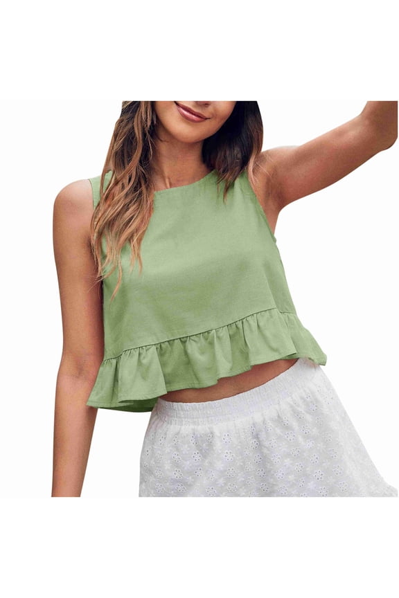 Summer Tops for Women Crewneck Tank Tops Sleeveless Shirts Ruffle Hem Loose Fitted Crop Top L