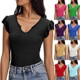 thumbnail image 1 of Wlynlyn Summer Tops for Women Ruffle Cap Sleeve Dressy Slim Fitted V Neck Going out Tops Solid Soft Basic Shirts Tees, 1 of 9