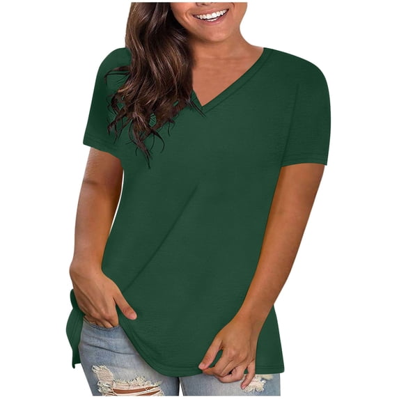 Wlynlyn Summer Tunic Tops for Women Short Sleeve V Neck T Shirts Loose Fitting Casual Solid Color Basic Tees Shirts