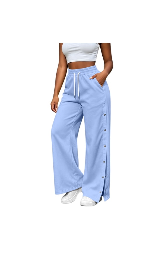 Sweatpants Womens Drawstring Elastic High Waisted Wide Leg Track Pants Side Split Snap Button Casual Sweat Pants with Pockets(X-Large,Sky Blue)