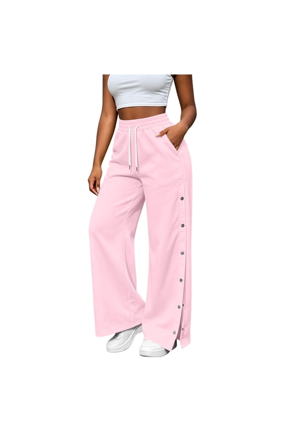 Sweatpants Womens Drawstring Elastic High Waisted Wide Leg Track Pants Side Split Snap Button Casual Sweat Pants with Pockets Medium