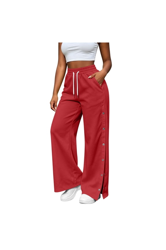 Sweatpants Womens Drawstring Elastic High Waisted Wide Leg Track Pants Side Split Snap Button Casual Sweat Pants with Pockets(X-Large,Red)