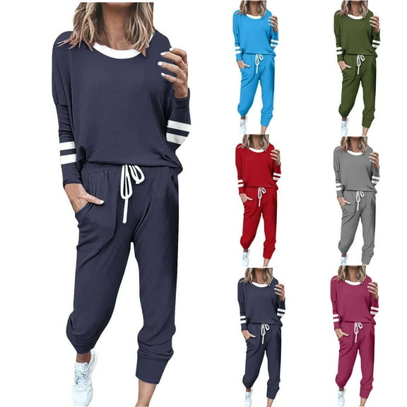 Wlynlyn Sweatsuits for Women 2 Piece Sweat Sets Long Sleeve Striped Tunic Tops Wide Leg Sweatpants Casual Lounge Sets