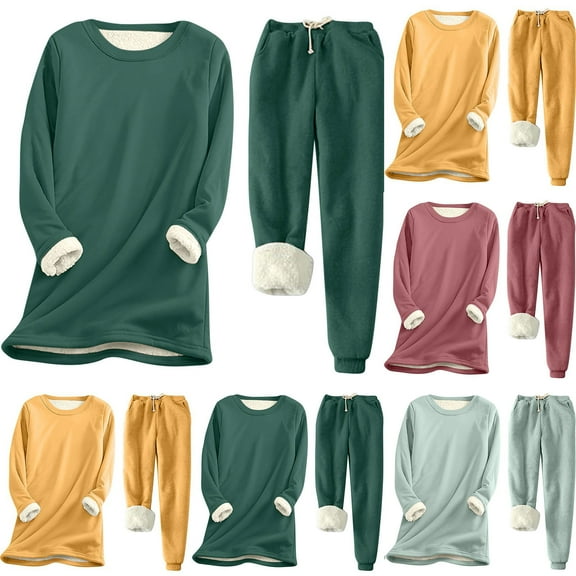 Wlynlyn Sweatsuits for Women Fleece Lined Crewneck Sweatshirts Pants Winter Warm Sherpa Lounge Sets Casual Soft Comfy Loungewear