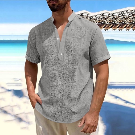 Wlynlyn T-Shirt for Men Summer Short Sleeve Button V Neck Beach Tshirts Casual Loose Vacation Solid Color Boho Tops