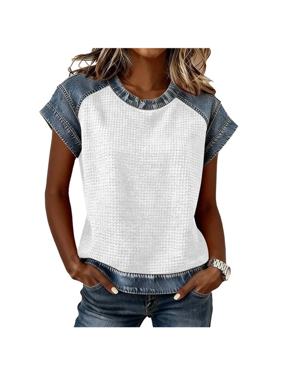 T-Shirts for Women Casual Summer Short Sleeve Crewneck Tees Color Block Denim Printed Loose Fitted Blouses