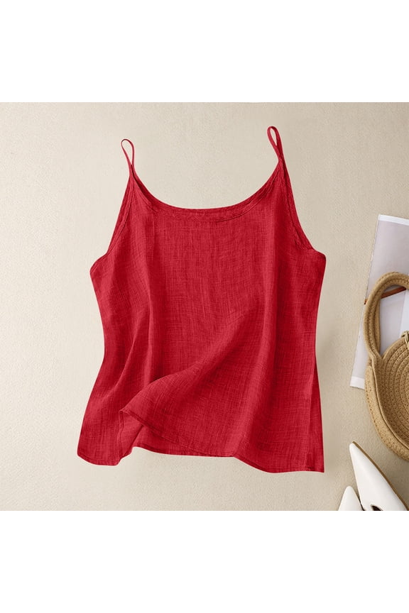 Tank Tops for Women Cotton Linen Flowy Round D Neck Women Camisole Loose Fitted Sleeveless Shirts Summer Tops Plus Size