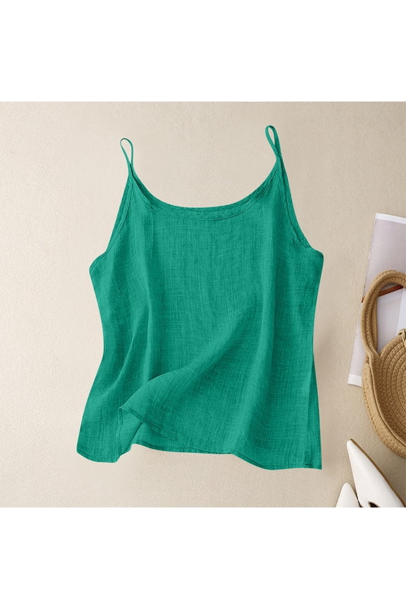 Tank Tops for Women Cotton Linen Flowy Round D Neck Women Camisole Loose Fitted Sleeveless Shirts Summer Tops Plus Size