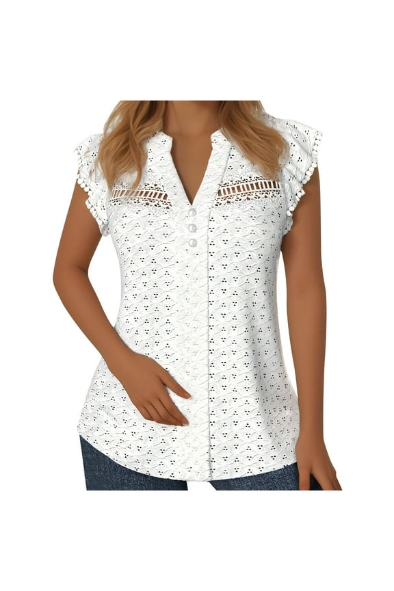 Tank Tops for Women Dressy Casual Crochet Lace Cap Sleeve Shirts Button up V Neck Summer Top M