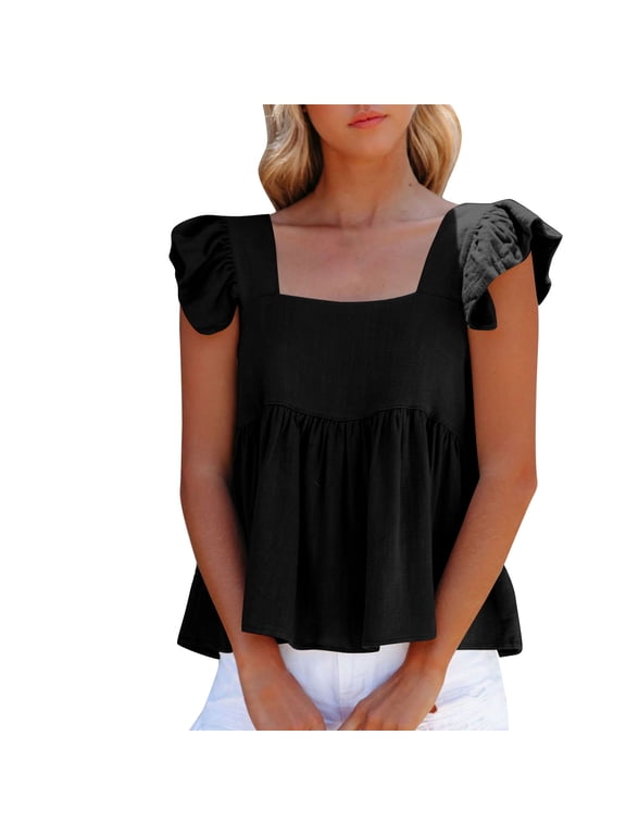 Tank Tops for Women Ruffle Cap Sleeve Square Neck Blouses Pleated Cute Summer Going out Tops(Black,XX-Large)