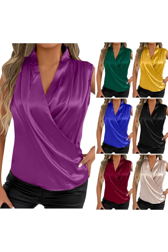 Tank Tops for Women Satin V Neck Summer Dressy Ruched Elegant Wrapped Sleeveless Dressy Tank Top