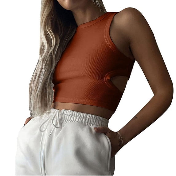 Wlynlyn Tank Tops for Women Sleeveless Shirts Crewneck Going out Tops Cutout Back Crop Top Ribbed Knit Slim Fitted Basic Tees M