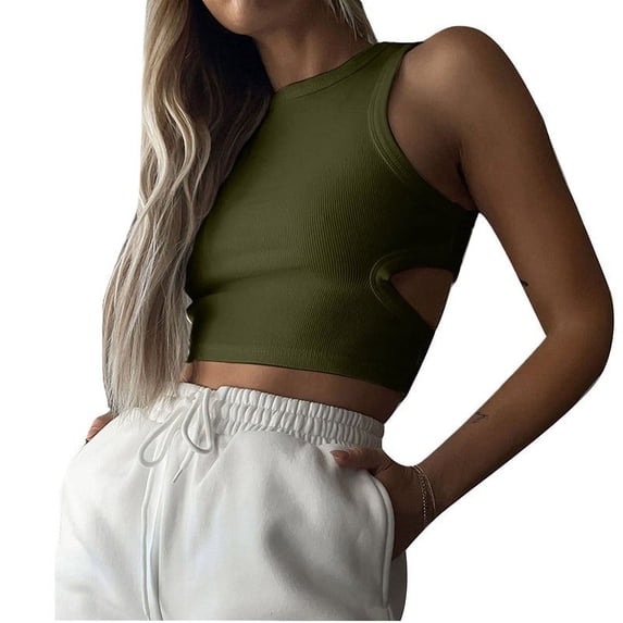 Wlynlyn Tank Tops for Women Sleeveless Shirts Crewneck Going out Tops Cutout Back Crop Top Ribbed Knit Slim Fitted Basic Tees XS