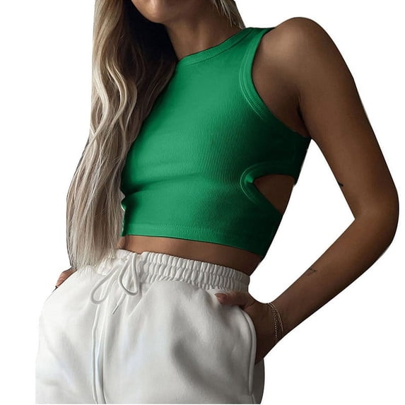 Wlynlyn Tank Tops for Women Sleeveless Shirts Crewneck Going out Tops Cutout Back Crop Top Ribbed Knit Slim Fitted Basic Tees XS